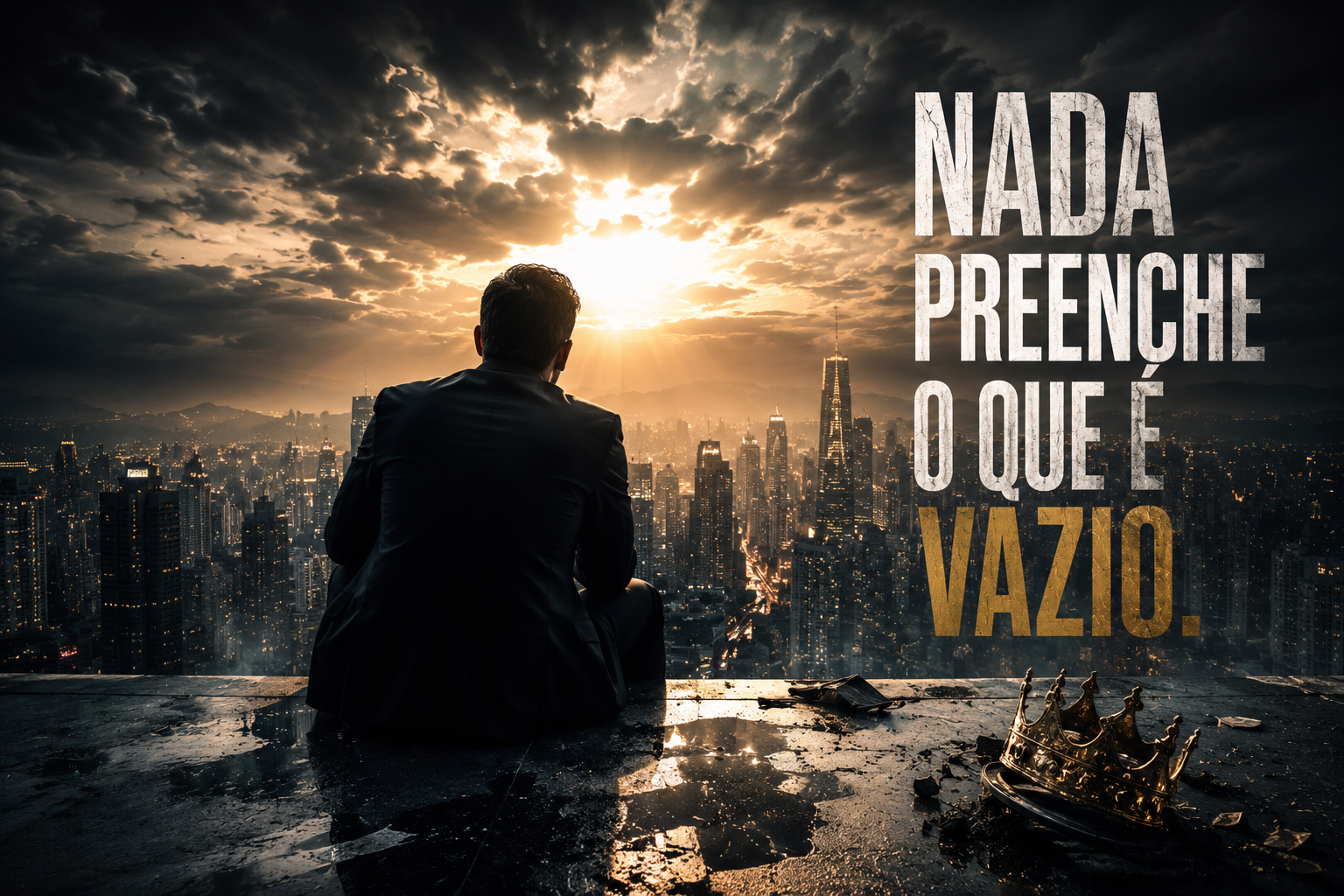 Homem sentado no topo de um prédio, olhando o horizonte, com uma coroa quebrada ao lado — 'Nada preenche o que é vazio'